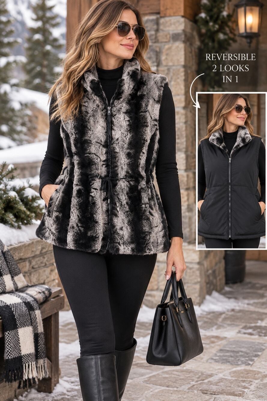 CATO Reversible Faux Fur Vest XL Black Gray Cinch Waist Après Ski Quiet Luxury